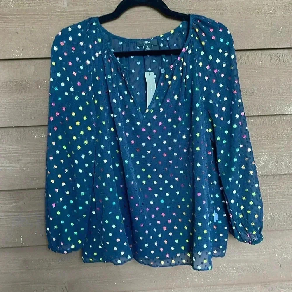 NWT J. Crew sheer navy blouse with rainbow dots with cami underneath size small